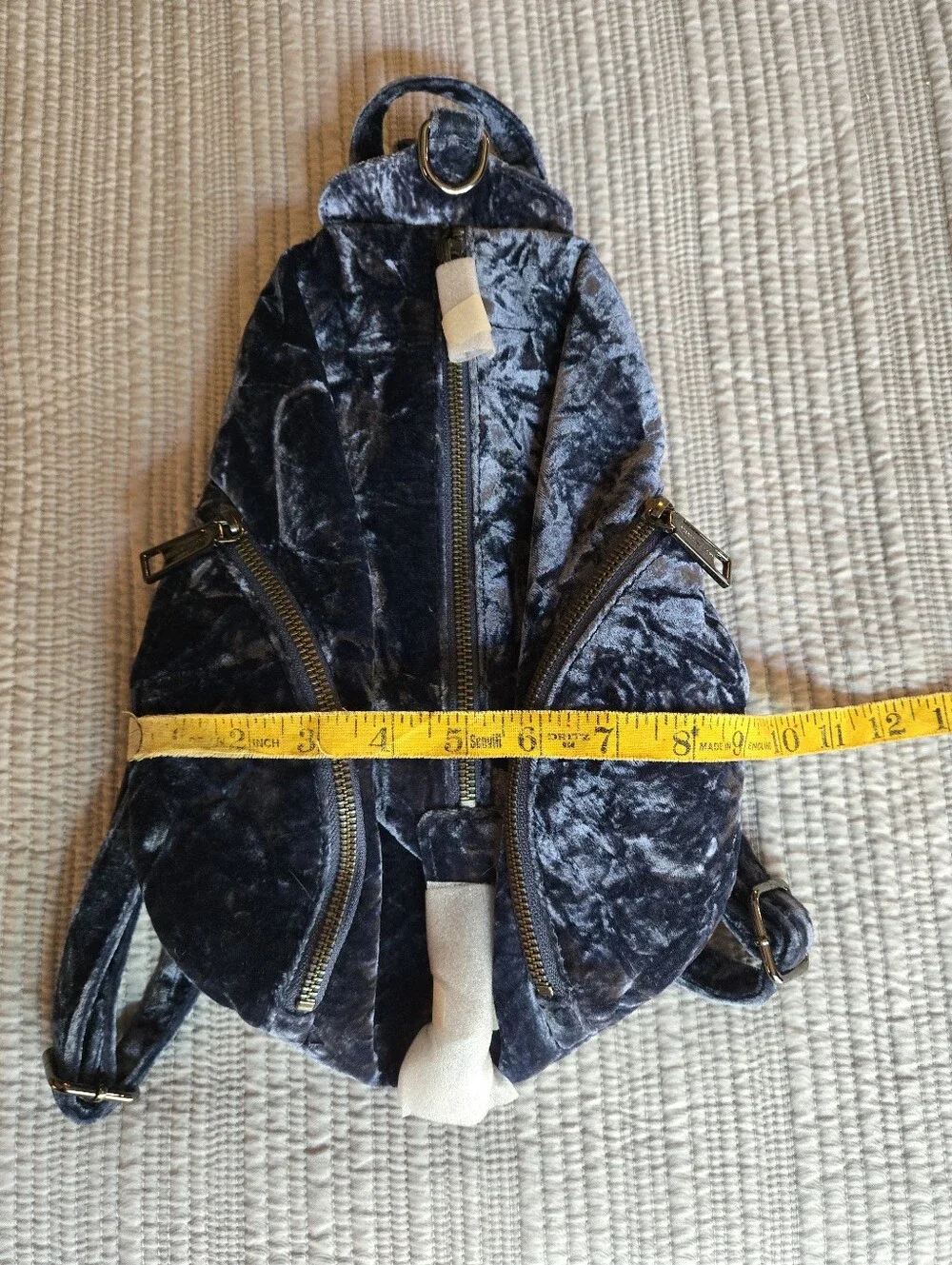 Rebecca Minkoff Dark Blue Velvet Mini Backpack with Gold Zippers